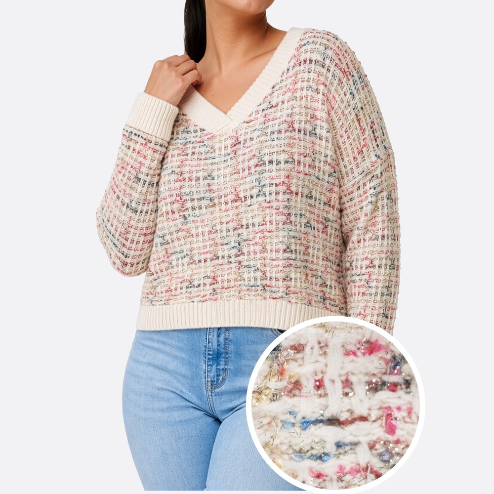Metallic Shimmer Boucle Tweed XL 1X V-Neck Pastel Cream Pullover Sweater